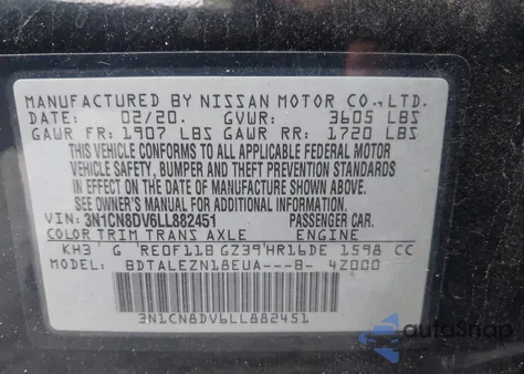 2020 Nissan Versa S Xtronic Cvt from USA, damaged, VIN 3N1CN8DV6LL882451